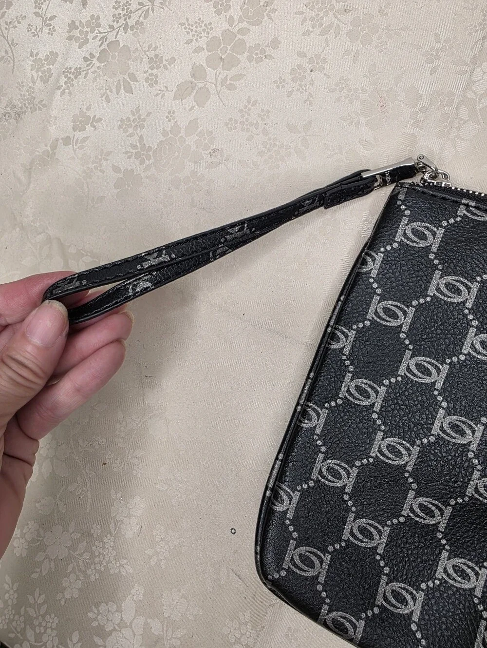 Bebe Black Silver All Over Monogram Logo Zip Wristlet Handbag Evening Bag